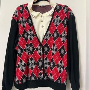 Vintage Alfred Dunner Cardigan Sweater with Red and Black Pattern Size 3X